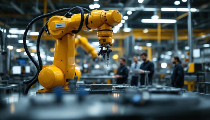 A photograph of a sleek industrial robotic arm in action within the personnel service center at michelin