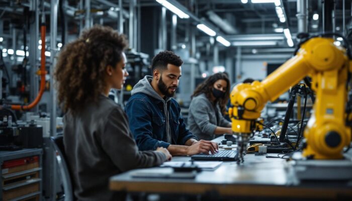 A photograph of a dynamic industrial robotics workspace in boston