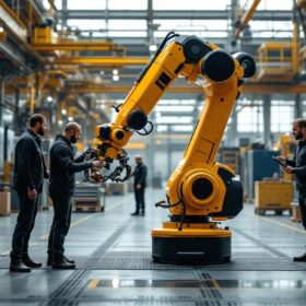 A photograph of a dynamic industrial setting featuring the atlas r robot in action
