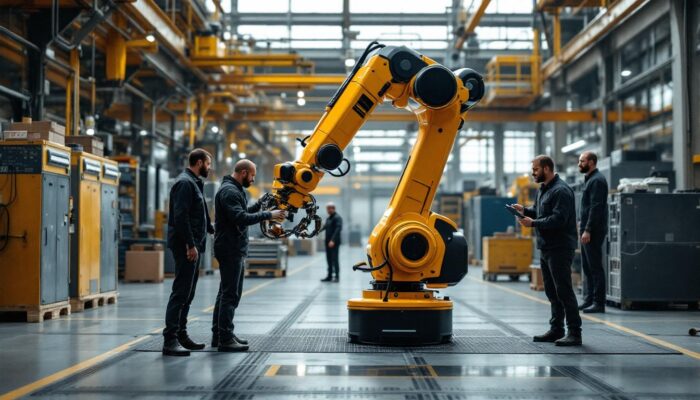 A photograph of a dynamic industrial setting featuring the atlas r robot in action