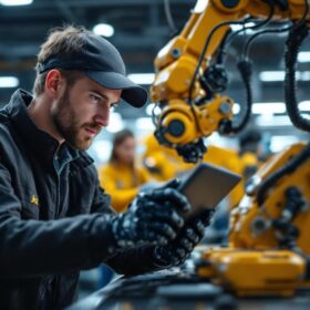 A photograph of a skilled software engineer collaborating with an industrial robot in a high-tech workspace