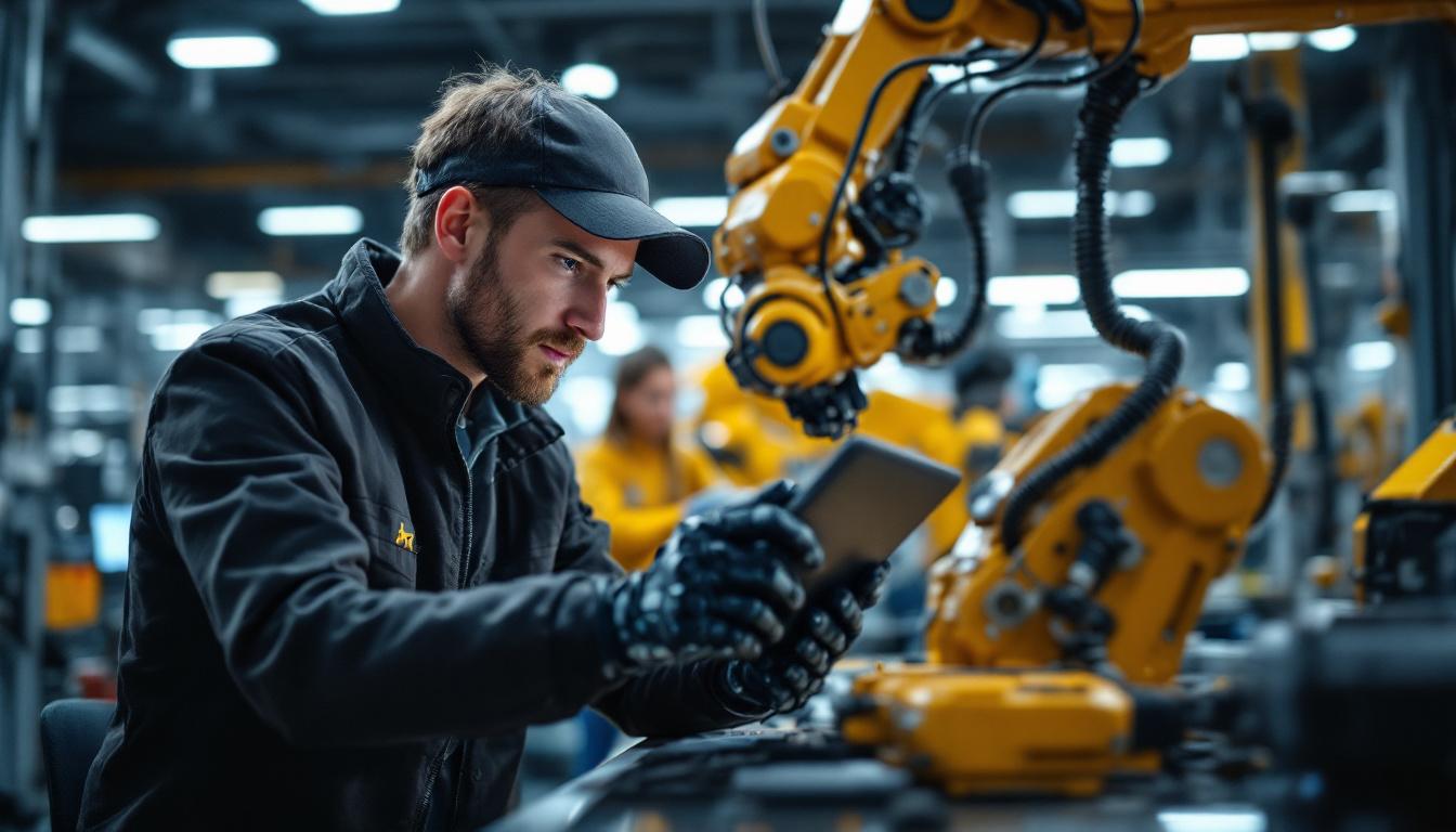 A photograph of a skilled software engineer collaborating with an industrial robot in a high-tech workspace