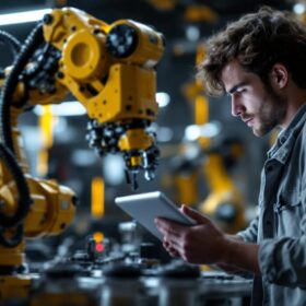 A photograph of a mechanical engineering student working hands-on with an industrial robotic arm in a modern lab setting