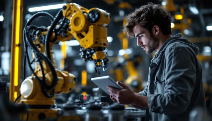 A photograph of a mechanical engineering student working hands-on with an industrial robotic arm in a modern lab setting