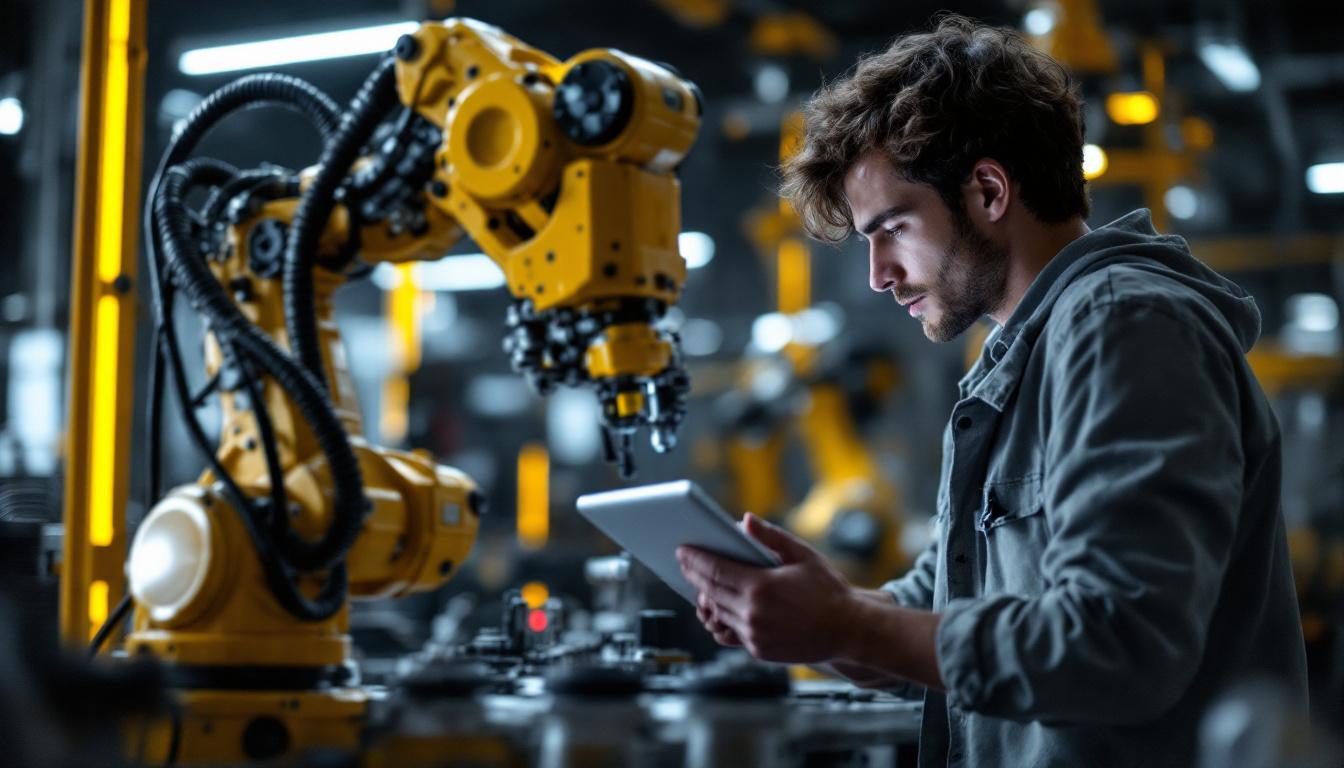 A photograph of a mechanical engineering student working hands-on with an industrial robotic arm in a modern lab setting