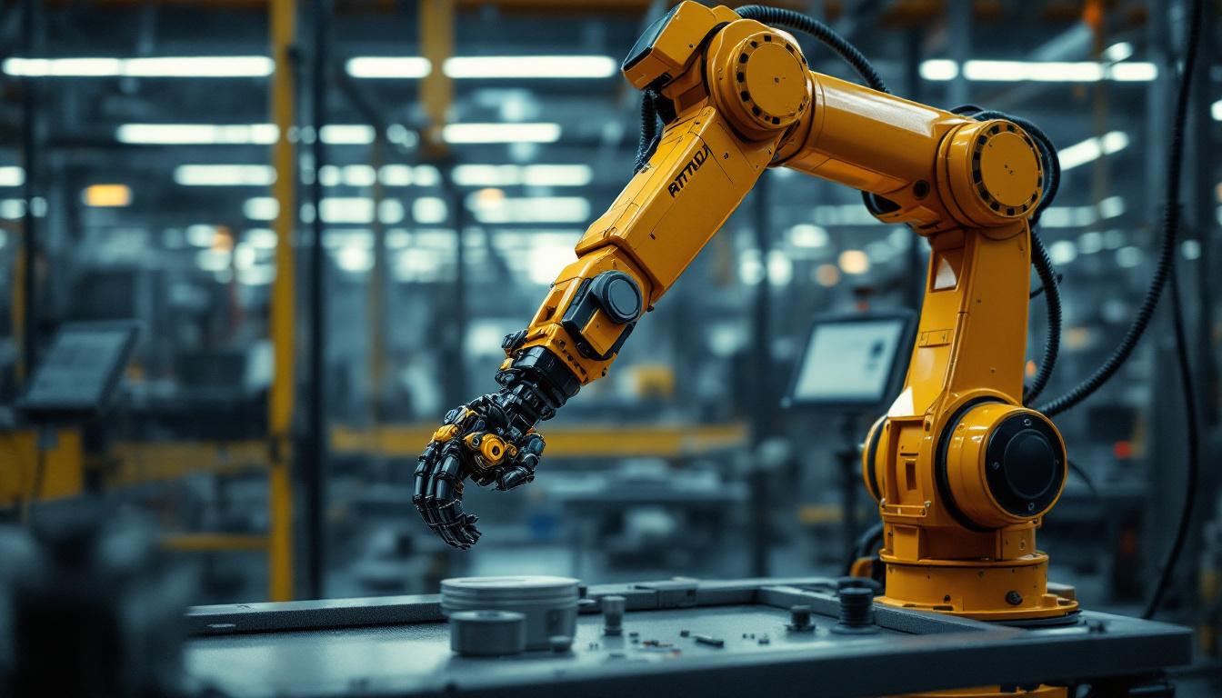 A photograph of capture a photograph of a sleek industrial robotic arm in action within a modern manufacturing environment
