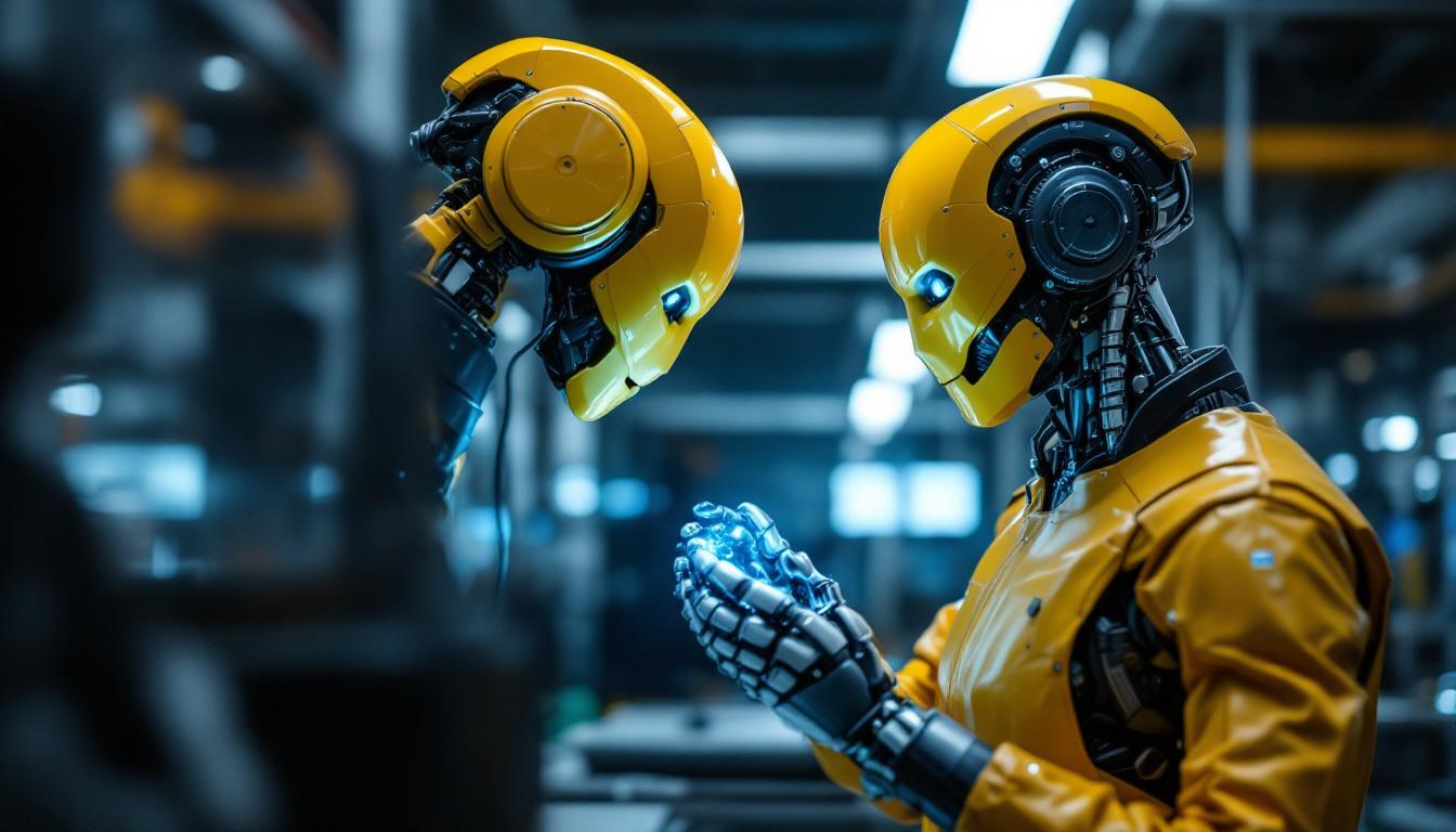 A photograph of a skilled technician working collaboratively with an industrial robot in a modern workspace