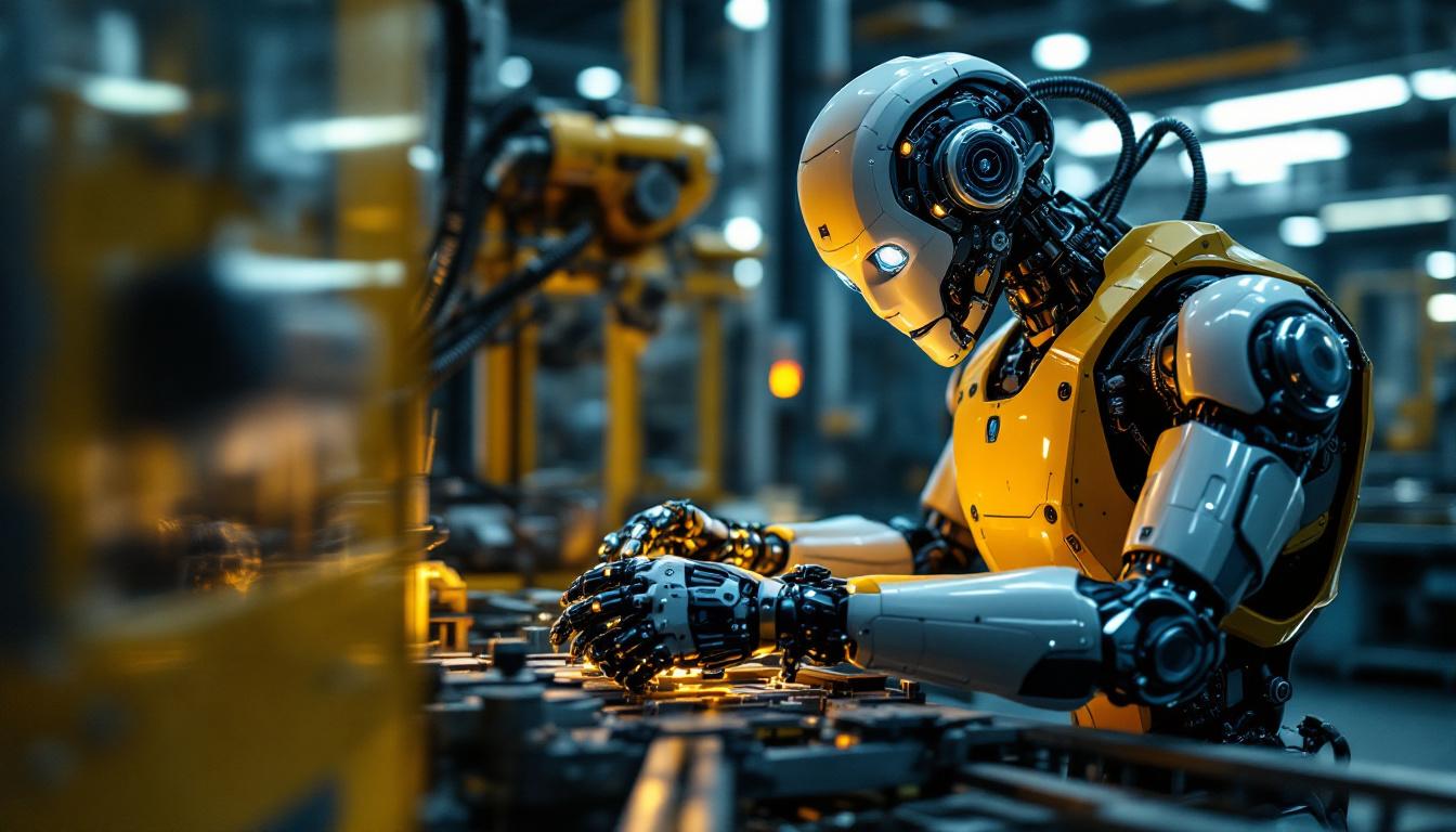 A photograph of a sleek industrial robot in action within a manufacturing environment