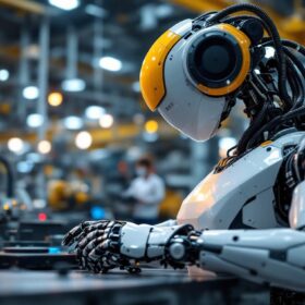 A photograph of a modern industrial robot in action within a waltham-based manufacturing facility
