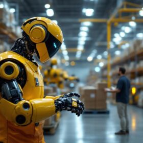 A photograph of a bustling warehouse environment showcasing advanced industrial robots in action