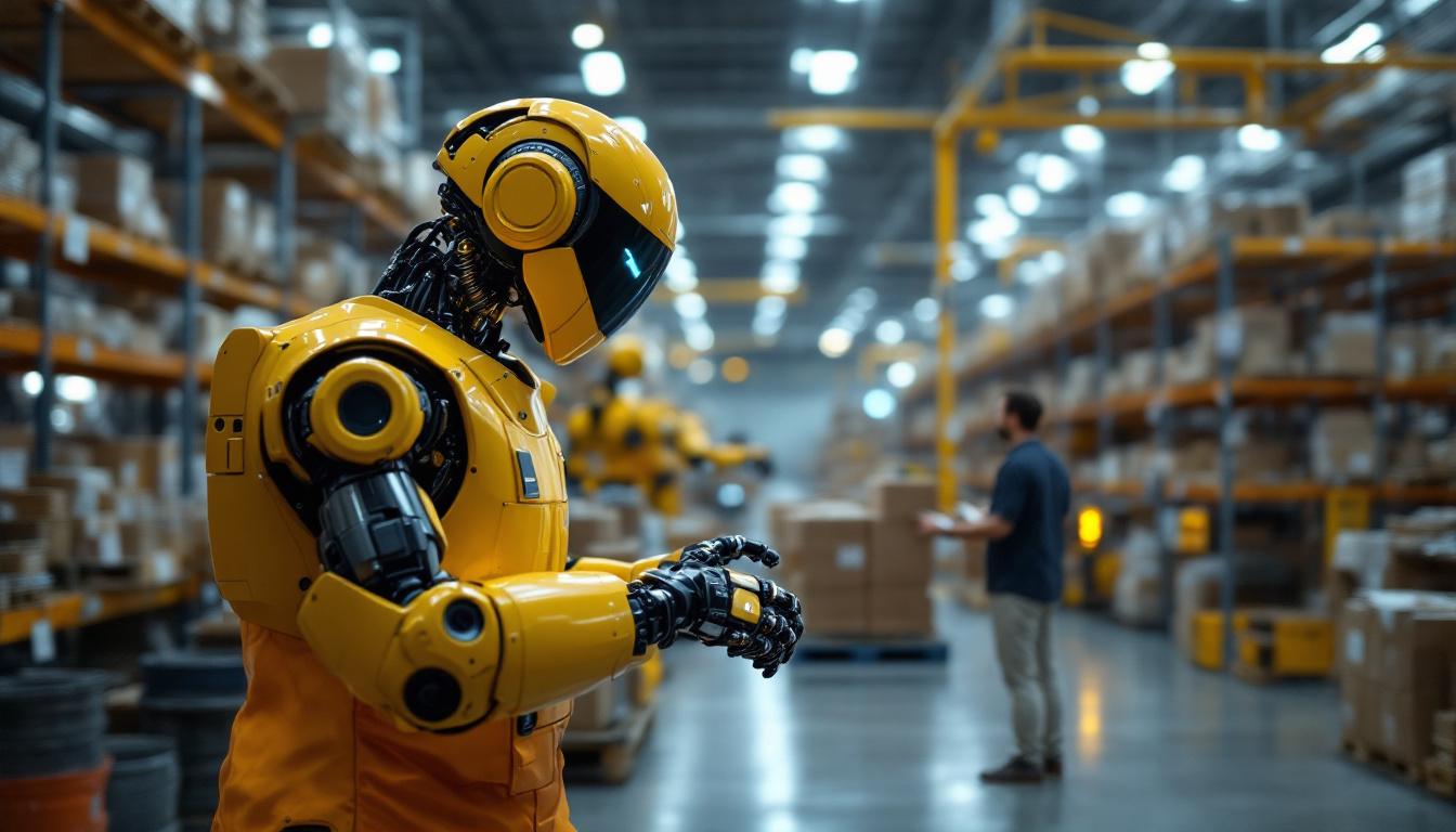 A photograph of a bustling warehouse environment showcasing advanced industrial robots in action