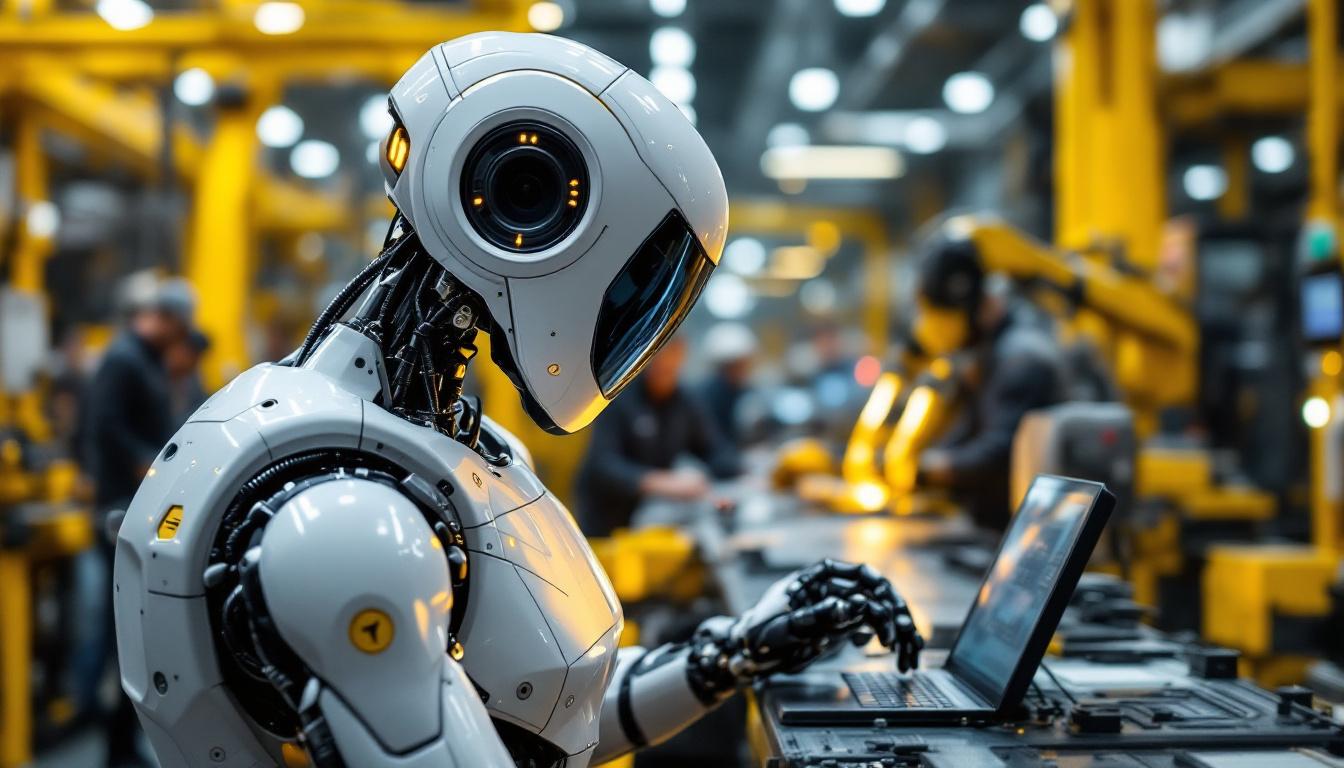 A photograph of a sleek industrial robot in action