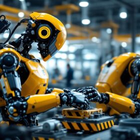 A photograph of a sleek industrial robot in action within a modern manufacturing environment