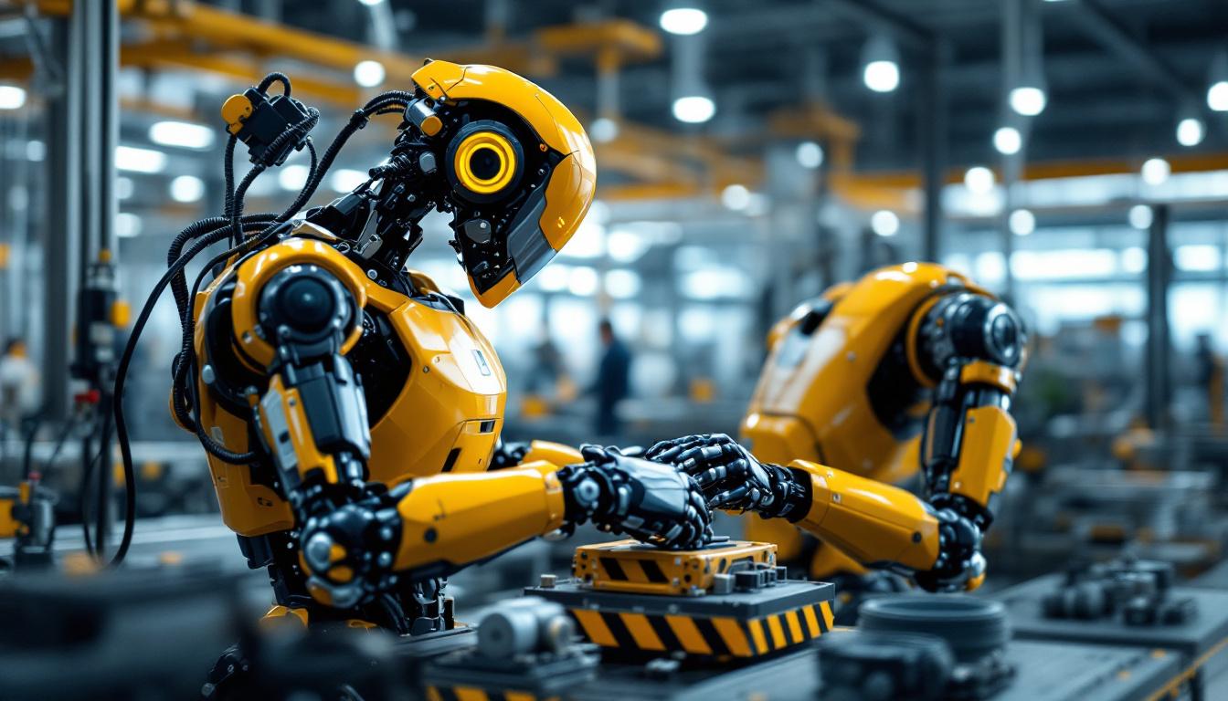 A photograph of a sleek industrial robot in action within a modern manufacturing environment