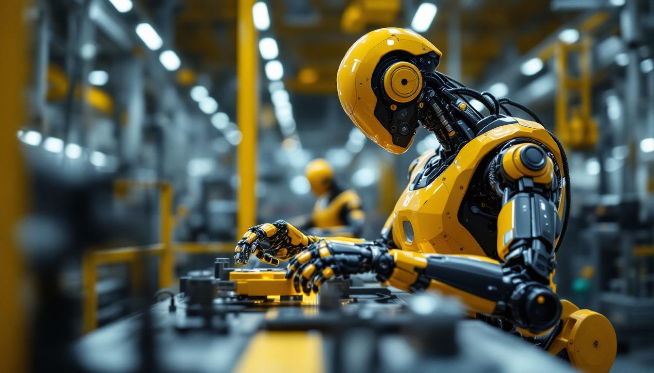 A photograph of a sleek industrial robot in action within a manufacturing setting