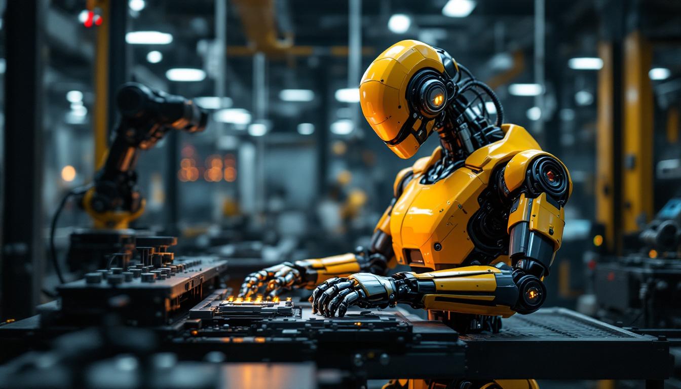 A photograph of a dynamic industrial robot in action within a modern manufacturing environment
