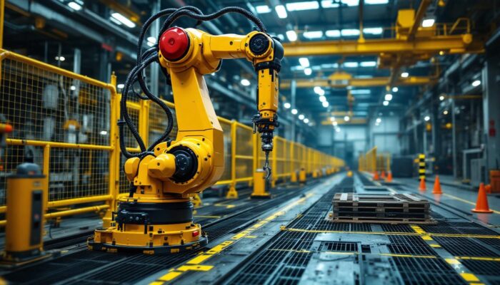 A photograph of a vibrant industrial setting featuring a robotic arm in action