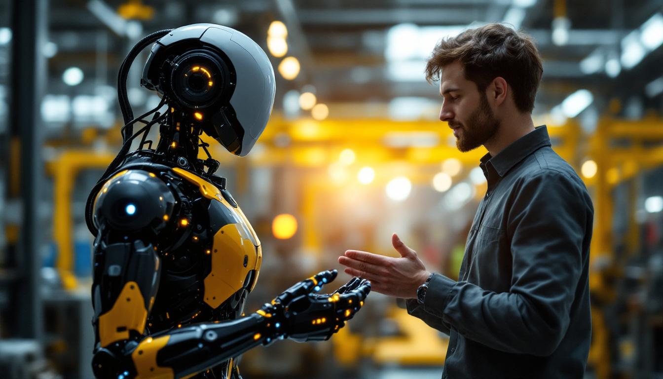 A photograph of a sleek and modern humanoid robot interacting with a human in an industrial setting