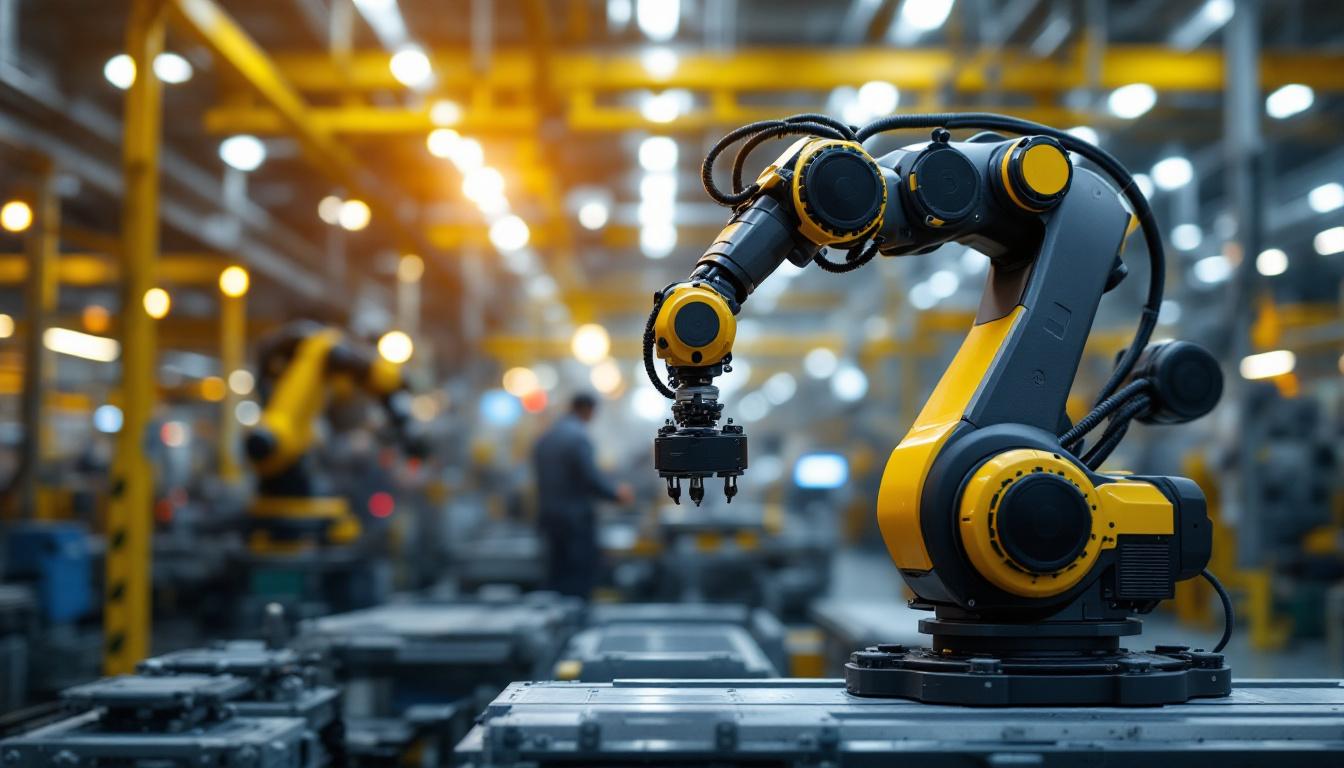 A photograph of a sleek industrial robotic arm in action within a bustling boston manufacturing environment