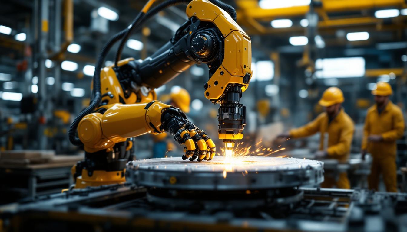 A photograph of a state-of-the-art industrial robot in action within a manufacturing environment