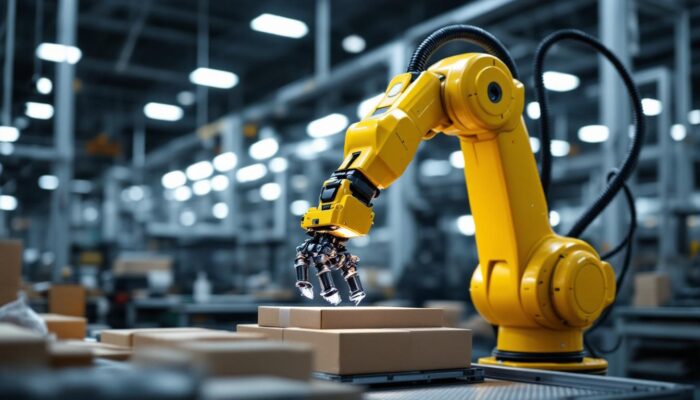 A photograph of a sleek industrial robotic arm in action