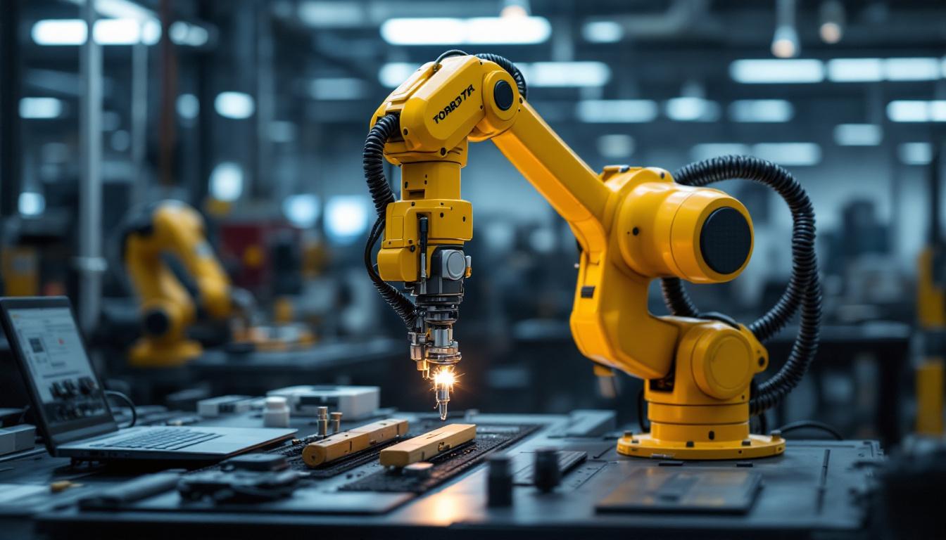 A photograph of a desktop robotic arm in action