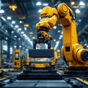 A photograph of a heavy-duty industrial robot in action