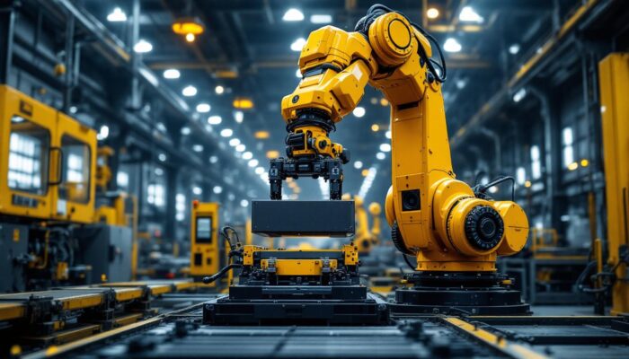 A photograph of a heavy-duty industrial robot in action