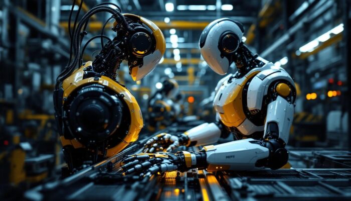 A photograph of a sleek industrial robot in action within a manufacturing environment