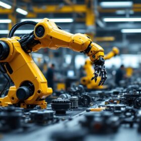 A photograph of a sleek industrial robotic arm in action