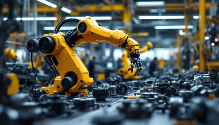 A photograph of a sleek industrial robotic arm in action