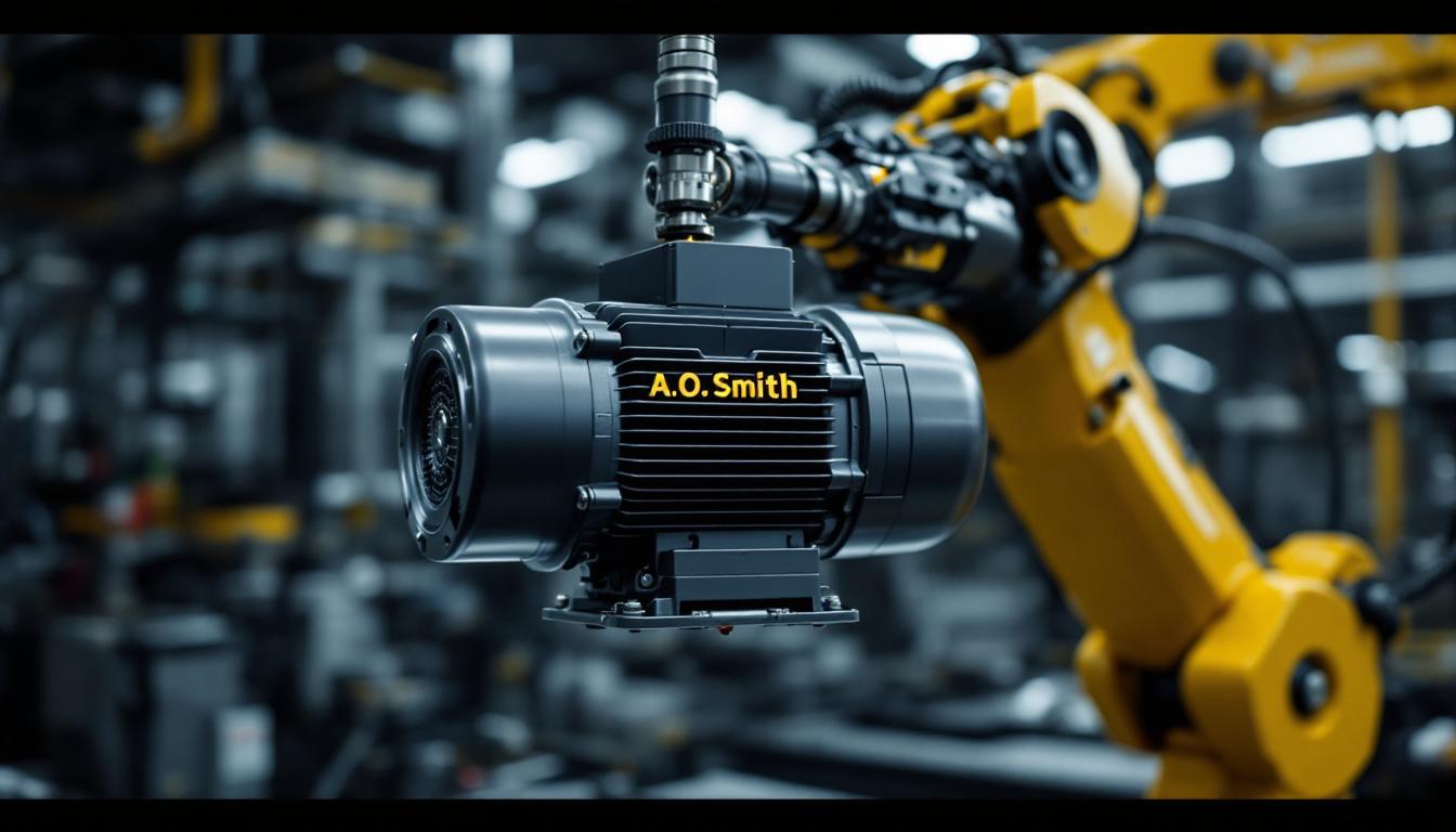 A photograph of a sleek a.o. smith electric motor integrated within an industrial robotic arm