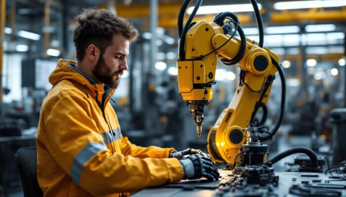 A photograph of a skilled technician programming an industrial robot in a modern manufacturing setting