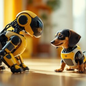A photograph of a miniature dachshund playfully interacting with a small industrial robot in a bright