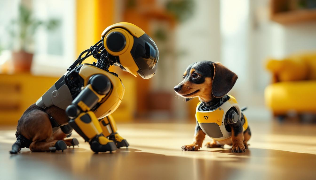 A photograph of a miniature dachshund playfully interacting with a small industrial robot in a bright