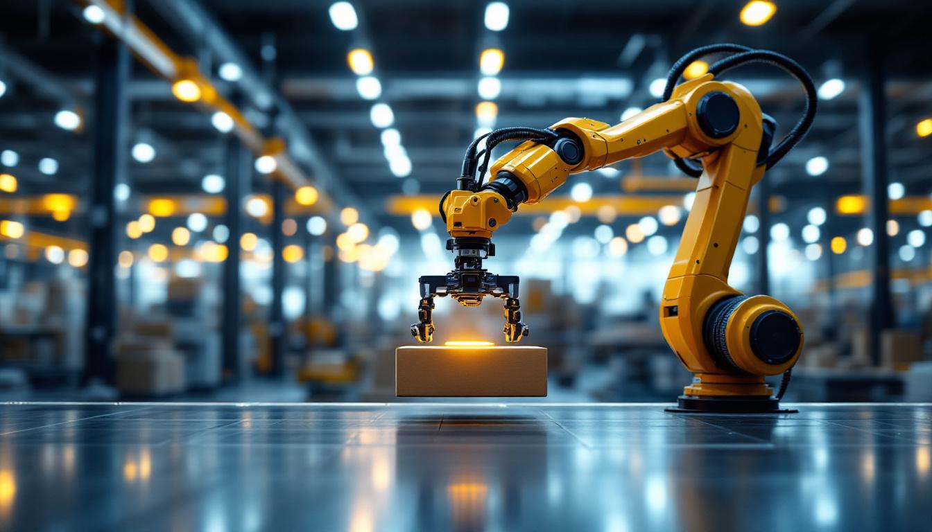 A photograph of a sleek industrial robotic arm in action within a modern warehouse setting