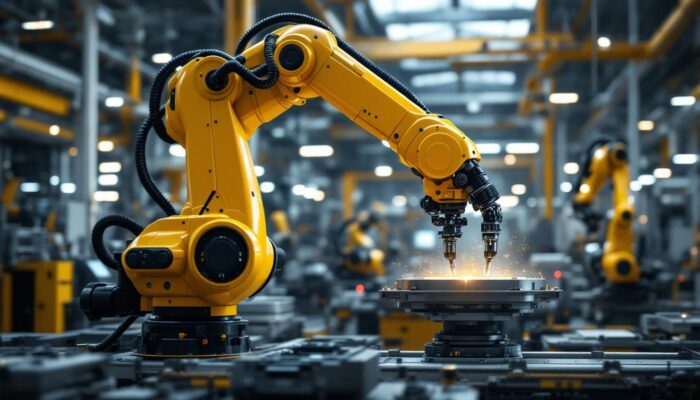 A photograph of a sleek industrial robotic arm in action within a modern manufacturing facility
