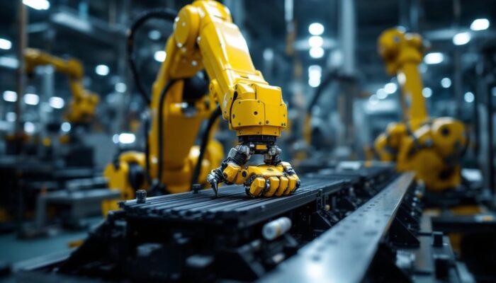 A photograph of a sleek industrial robotic arm in action