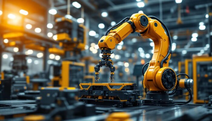 A photograph of a sleek industrial robotic arm in action