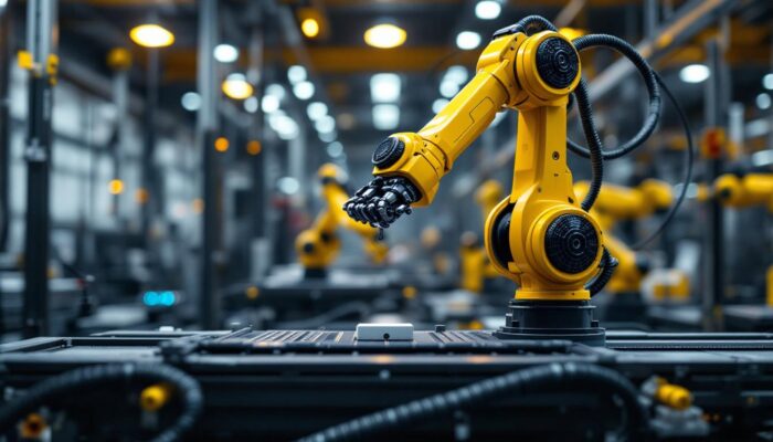 A photograph of a dynamic industrial robotics environment