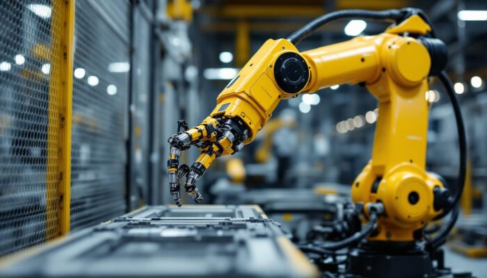 A photograph of capture a photograph of the adust line 72072 industrial robot in action within a manufacturing setting