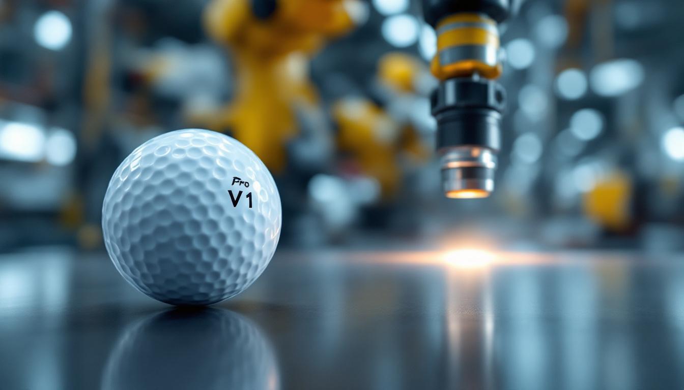 A photograph of a titleist pro v1 golf ball in the foreground with an industrial robotic arm in action