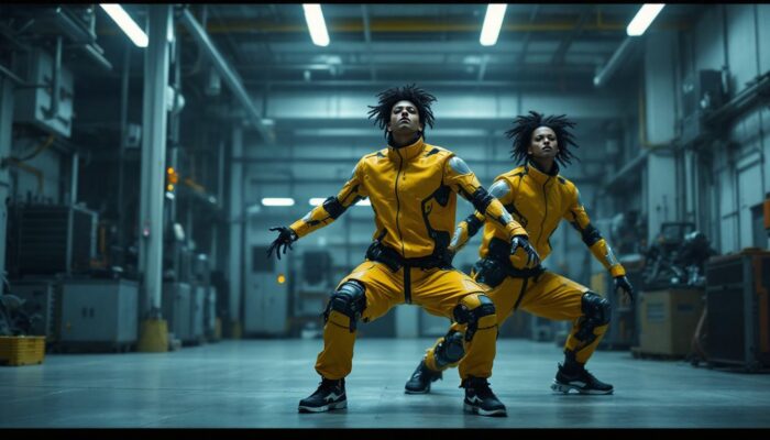 A photograph of capture a photograph of les twins performing their dynamic dance moves in an industrial setting