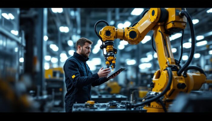 A photograph of a skilled technician interacting with an industrial robotic arm in a modern manufacturing setting