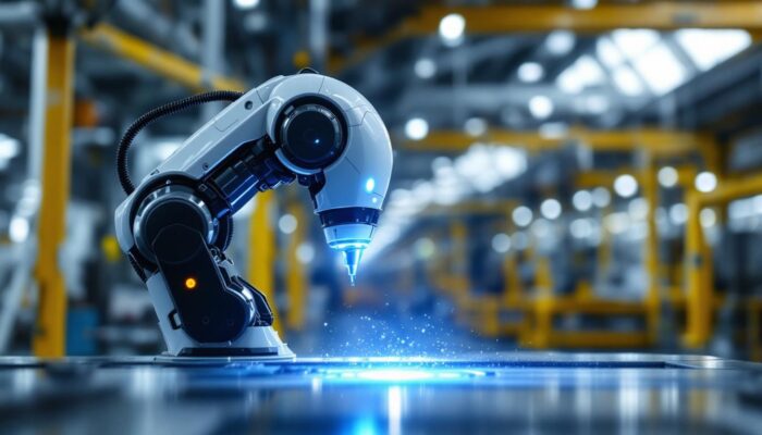 A photograph of a sleek industrial robot in action