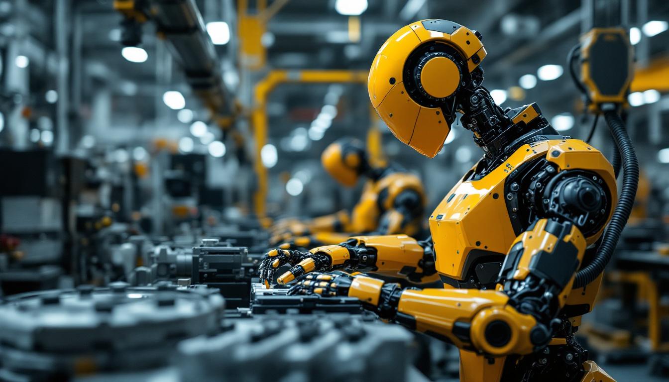 A photograph of a modern industrial robot in action within a factory setting
