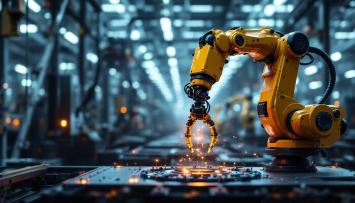 A photograph of a sleek industrial robotic arm in action