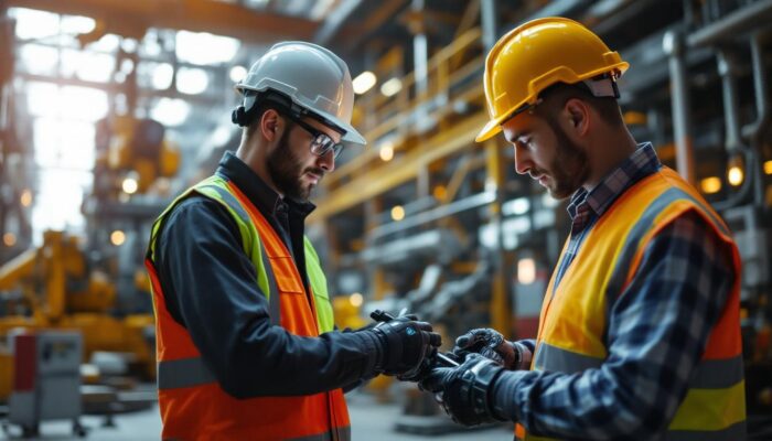 A photograph of a dynamic industrial setting showcasing a civil engineer collaborating with advanced robotic machinery