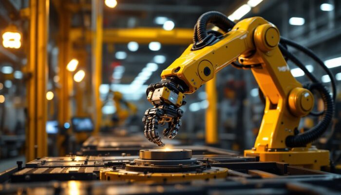 A photograph of a modern industrial robotics facility showcasing a robotic arm in action