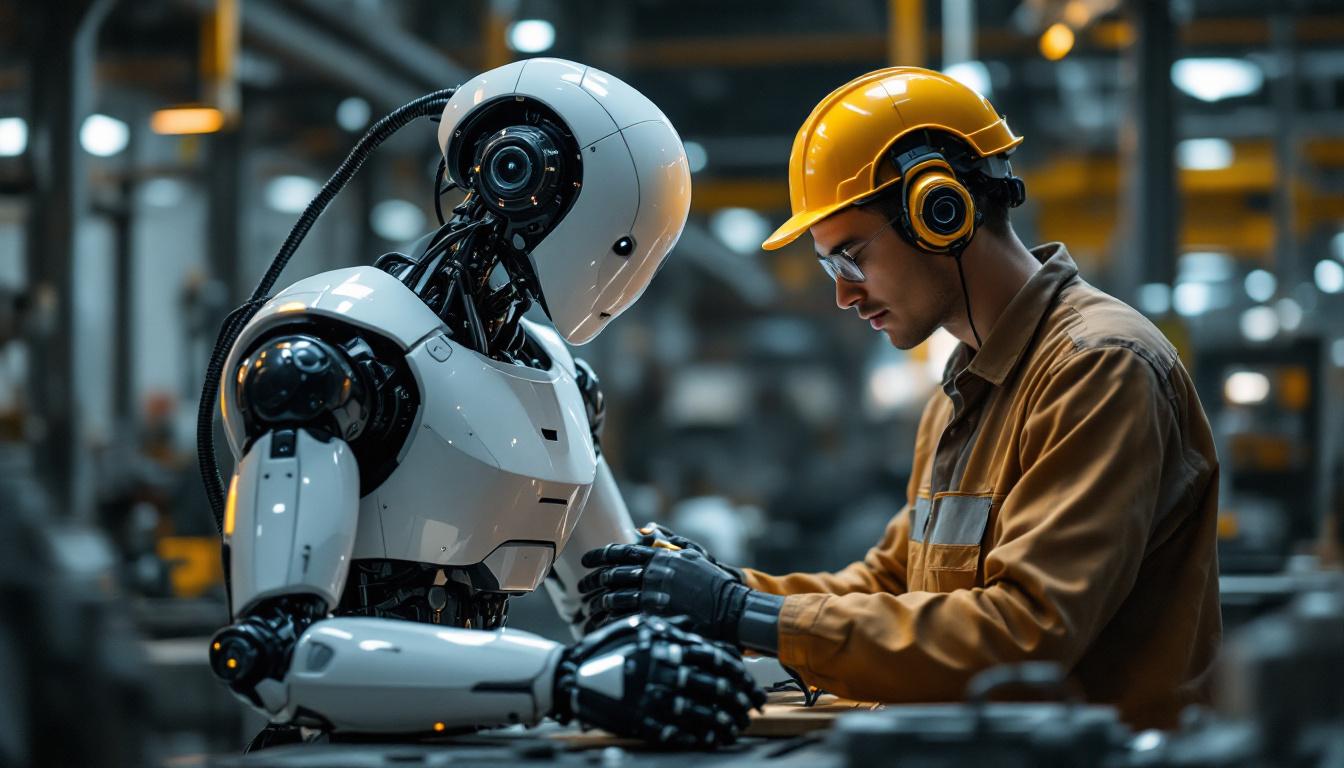 A photograph of a collaborative scene where a humanoid robot and a human worker are engaged in a task together in an industrial setting